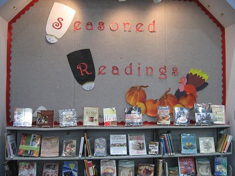 "Seasoned Readings" bulletin board Cookbook Library Display, Display Cookbooks, Teen Library Displays, Cookbook Display, Cookbook Library, Library Bulletin Board Ideas, Cooking Theme, Teen Library, Middle School Libraries