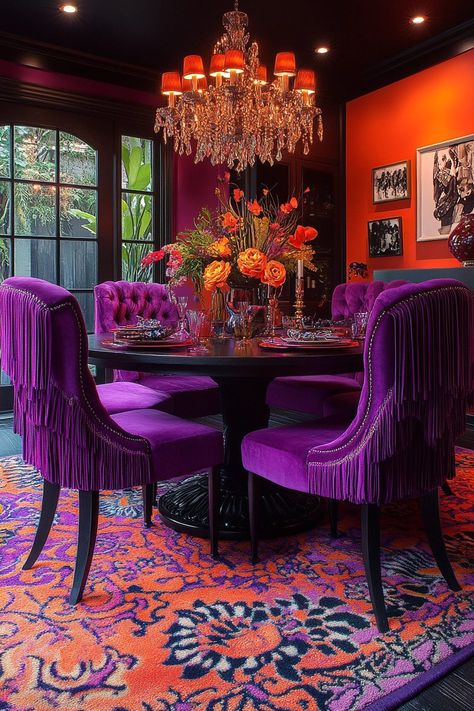 Eclectic Bar Decor, Art Deco Dining Room Ideas, Goth Dining Room, Colorful Eclectic Bedroom, Eclectic Bedroom Ideas, Deco Dining Room, Dining Room Buffet Decor, Moody Rooms, Sims Interior