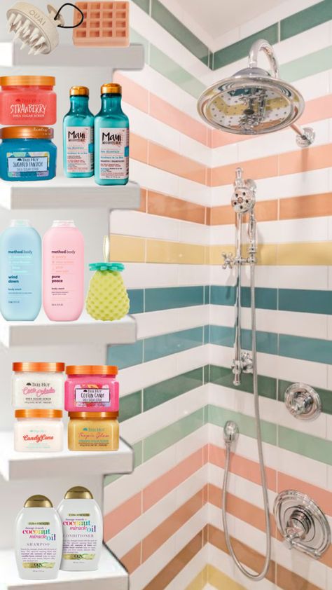 Preppy Bathroom Essentials, Preppy Shower Background, Preppy Shower Organization, Preppy Bathroom Products, Shower Inspo Aesthetic, Preppy Bathroom Decor Shower Curtains, Shower Preppy, Preppy Morning, Preppy Bathroom