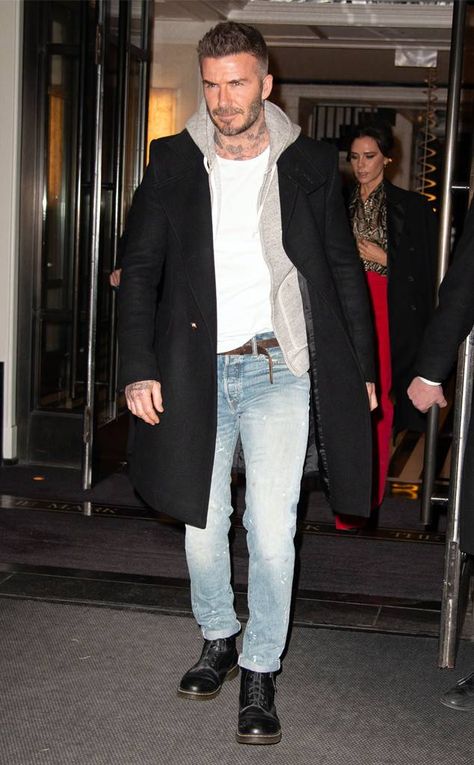 David Beckham from Fashion Week Fall 2019 After Parties Attended Victoria Beckham's Reebok line launch on Jan. 22, 2019. David Beckham Winter Outfits, David Beckham Casual Style, David Beckham Winter Style, David Beckham 2023, David Beckham Street Style, David Beckham Boots, David Beckham Summer, David Beckham Fashion, David Beckham Casual