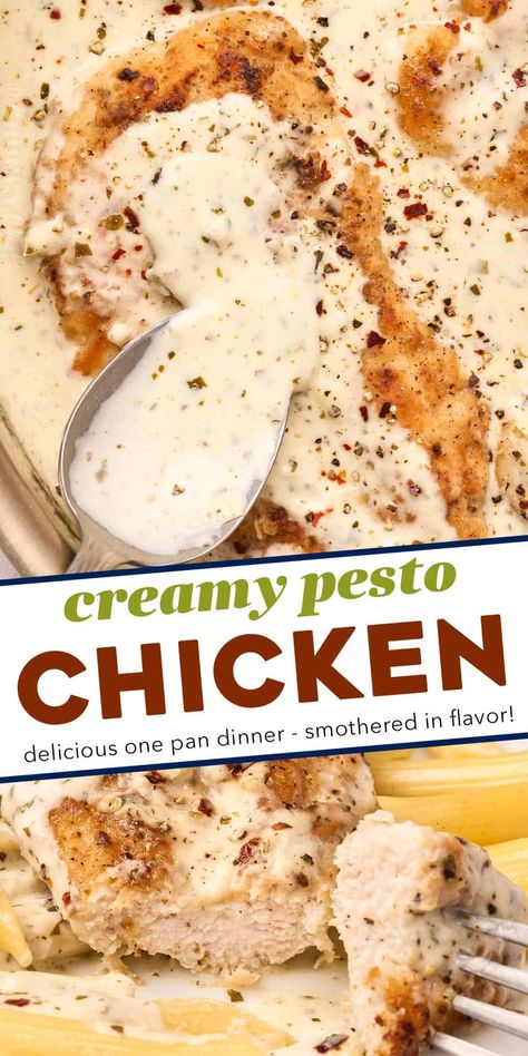 Simple and easy, this Creamy Pesto Chicken is made in one pan, and ready in about 30-40 minutes!  Packed with bold and rich flavors, this is a great weeknight dinner idea.�  The pesto cream sauce is perfect over pasta, veggies, potatoes and more! Pesto Cream Sauce, Creamy Pesto Chicken, Easy Dinner Desserts, Pasta Veggies, The Chunky Chef, Flexitarian Recipes, Chunky Chef, Chicken Pesto, Creamy Pesto