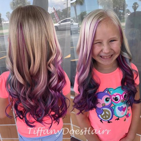 Little girl summer hair! Pink purple and blue!  1 Likes, 1 Comments - Tiffany Allen (@tiffanydoeshairr) on Instagram: “Birthday hair for Cali!!” Blonde And Purple Hair, Hair Dye For Kids, Blonde And Purple, Kids Hair Color, Girl Hair Colors, Birthday Hair, Temporary Hair Color, Kids Hair Cuts, Hair Color Purple