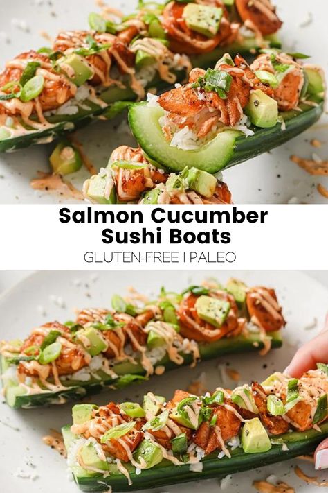 Salmon Cucumber Sushi Boats - Unbound Wellness Fun Summer Dinner Ideas, Cucumber Sushi Boats, Desi Dinner, Heathy Recipe, Sushi Boats, Sushi Ideas, Salmon Cucumber, Cucumber Sushi, Healthy Sushi