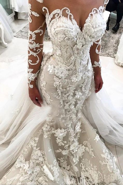 Luxury Mermaid Wedding Dress With 3d Flowers Sheer Neck Vestido De Novia Long Sleeves Plus Size Bridal Gowns sold by nikebridal on Storenvy Scoop Wedding Dress, Cinderella Ball, Wedding Dresses Near Me, Long Sleeve Bridal Gown, Open Backs, Detachable Train, Bridal Gowns Mermaid, Mermaid Wedding Dresses, Sophisticated Bride