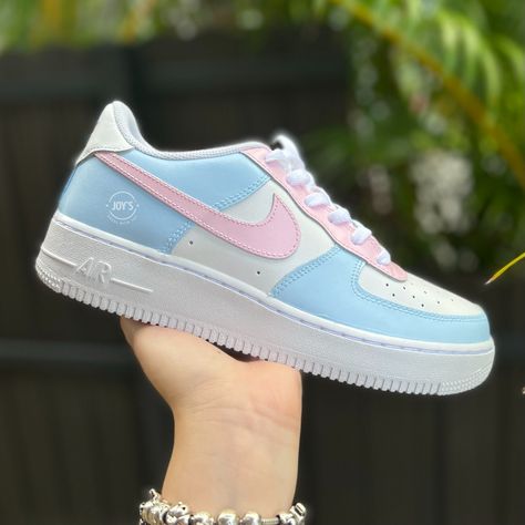 Baby Blue and Pink Low Custom Air Force 1 Sneakers. -Our current processing time is 3-4 weeks. We try hard to deliver as fast as we can. The best things are worth the wait. -Size Guide- C (Child) Y (Youth) W (Women) M (Men.) -Exactly as shown in the picture. -Lace Locks included. -Anti Crease Protector Included. -Applied Special Acrylic Paint for Shoes and Finisher for more Durability. -Waterproof and flexible. -Made in the US. -100 % Authentic Air Force 1 Sneakers. -Perforated toe cap for breat Air Force 1 Sneakers, Preppy Shoes, Pretty Shoes Sneakers, Air Force 1 Custom, Custom Air Force 1, Cute Nike Shoes, Cute Nikes, Pink Sneakers, Baby Sneakers