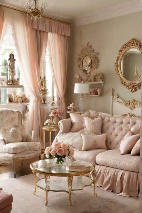 Elegant Routine, Pink Living Room Ideas, Maximalist Decor Vintage, Green Room Colors, Bright Room Colors, Feminine Living Room, Romantic Living Room, Shabby Chic Decorating, Bright Room