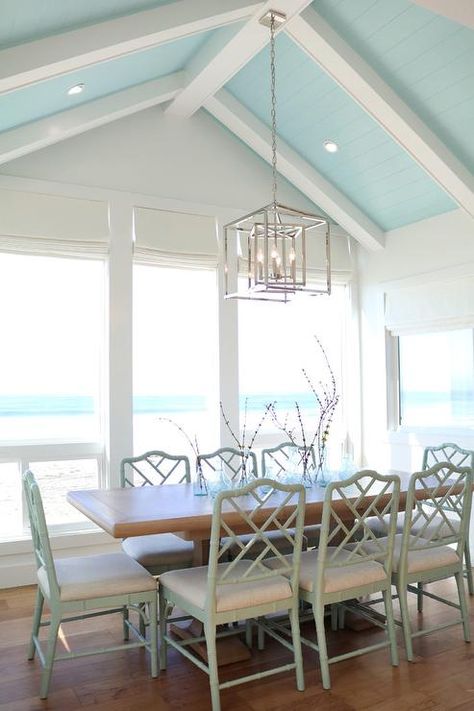 Turquoise Blue Plank Vaulted Ceiling with White Wood Beams - Cottage - Dining Room Beach House Dining Room, Beach House Decor Coastal Style, Beautiful Beach Houses, Beach House Furniture, Beach Mansion, Cottage Dining Rooms, Blue Ceilings, House Dining Room, Dream Beach Houses