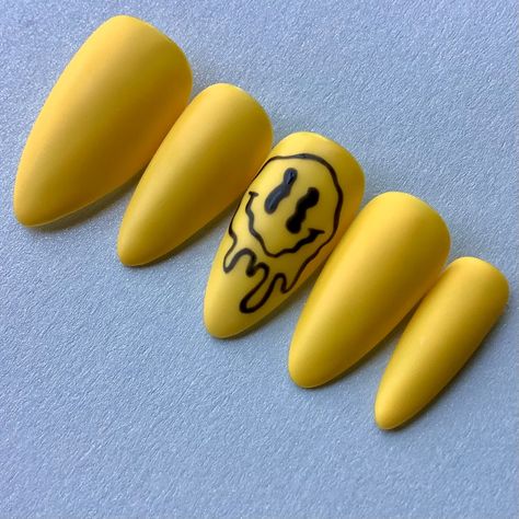 Melting Nails, Caution Nail Design, Neon Smiley Face Nails, Melted Smiley Face Nails, Melting Smiley Face Nails, Melty Smiley Face Nails, Smiley Nails, Matte Black Nails With Smiley Face, Melting Happy Face Nails