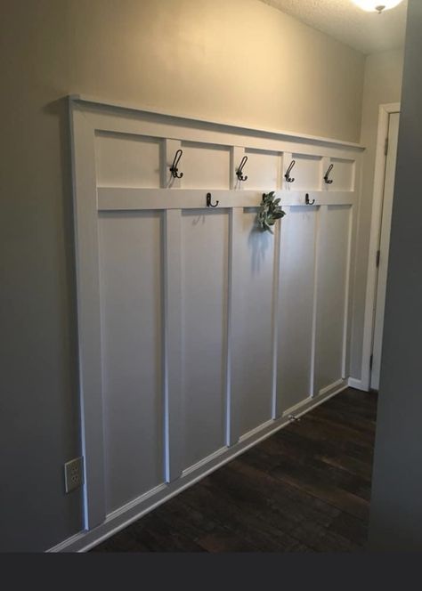 Behind Front Door, Coat Rack Ideas, Entry Closet Organization, Hallway Makeover, Entry Closet, Banquet Seating, Board And Batten Wall, Entry Wall, Entryway Wall Decor