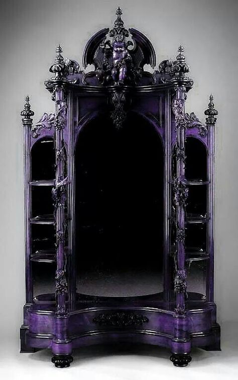 Gothic display cabinet Bohemian Gothic Decor Bathroom, Fantasy Decorations, Vampire Room, Gothic Lifestyle, Goth Houses, Purple Furniture, Gothic Decor Bedroom, Gothic Room, Gothic Interior