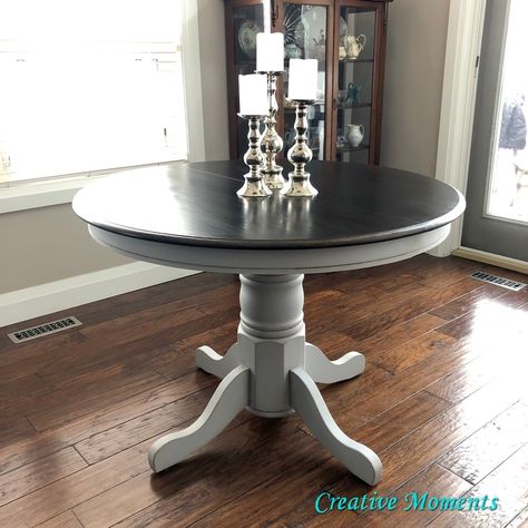 Do you have a furniture piece that has a great finish but the stain color is not what you want? Follow how I used a product that can change the color OVER an existing finish. Table before    This round oak table had been refinished by the former owner so there was no need to strip, sand and restain BUT with a new gel stain from Fusion Mineral Paint I knew I could update the color without doing all that work. Here are many other dining table tutorials that were stripped and or painted.F… Dining Table Guide, Dining Table Makeover, Dark Wood Table, Fire Pit Ideas, Kitchen Table Makeover, Farmhouse Style Table, Table Makeover, Farmhouse Dining Table, Oak Table