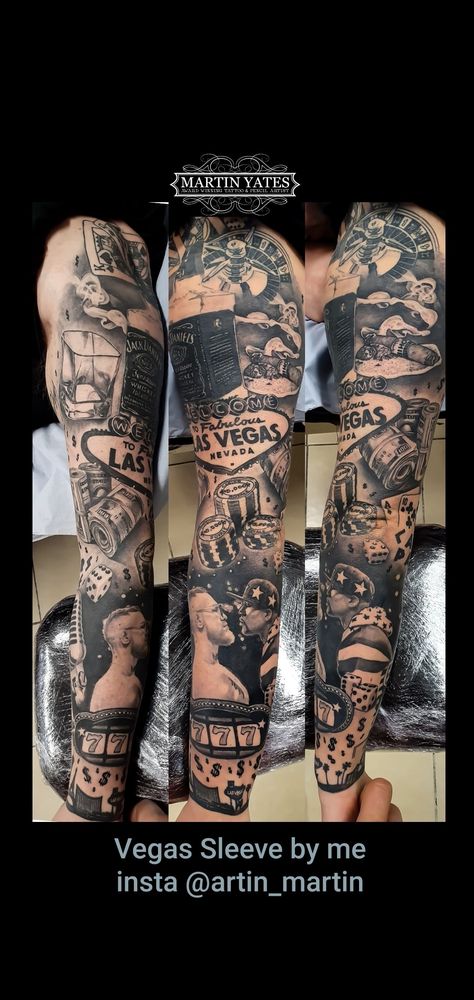 Las Vegas Sleeve Tattoo, Vegas Sleeve Tattoo, Small Tattoo Placement, Vegas Tattoo, Vegas Theme, Theme Tattoo, Back Tattoos, Tattoo Sleeve, Tattoo Placement