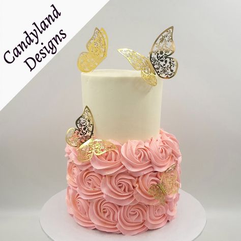 2 Tier Butterfly Cake, Rosettes Cake, Buttercream Rosette Cake, Cake With Butterflies, Butterfly Theme Cake, Buttercream Rosettes, Butterfly Birthday Party Decorations, 2 Tier Cake, Rosette Cake