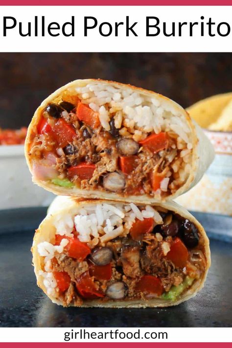 This easy pulled pork burrito recipe is such a tasty way to use leftover pulled pork. It combines yummy ingredients, like juicy pork, black beans, veggies, avocado, Monterey Jack cheese and barbecue sauce. These homemade burritos are a hearty meal all on their own but even better served with your favourite side. Shredded Pork Burrito Recipes, Pulled Pork Tortilla Wraps, Pulled Pork Burritos Recipe, Pork Burritos Mexican, Leftover Pulled Pork Burritos, Pulled Pork Breakfast Burrito, Shredded Pork Burritos, Pulled Pork Wraps Recipes, Pulled Pork Burrito Bowl