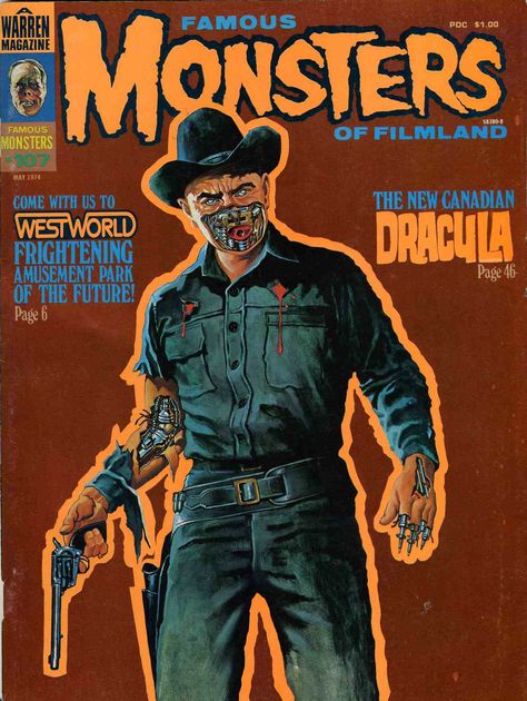 Famous Monsters of Filmland, No 107, 1974 with Yul Brynner in Westworld (1973) cover Horror Comic Cover, Monster Magazine, 70s Horror, Monster Movies, Horror Comic, Boris Karloff, Bela Lugosi, Comic Cover, Movie Magazine