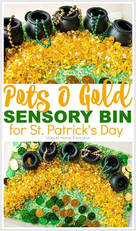 St. Patrick's Day Sensory Bin #Preschool #SensoryBin #St.Patty'sDay #PotsOfGold Sensory Bin Preschool, Sensory Bin For Preschoolers, Sensory Stations, Play Preschool, Sensory Tubs, Sensory Tub, March Themes, St Patricks Crafts, Sensory Input