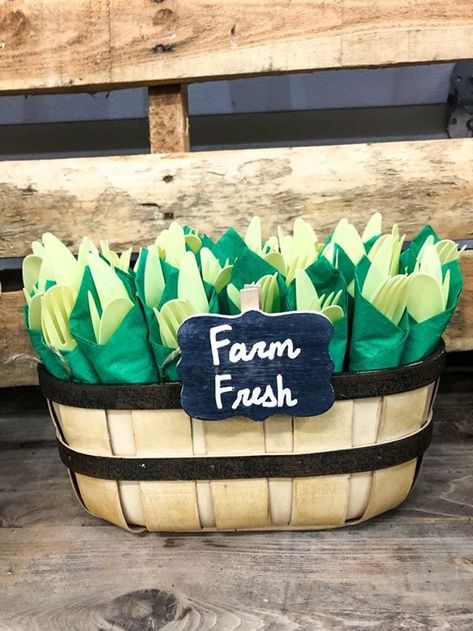 Twins Farmers Market First Birthday Party - Darling Celebrations Farmers Market First Birthday, Farm Baby Shower Theme, Farmers Market Birthday Party, Farmers Market Party, Farmer Baby, Party Utensils, Farm Theme Birthday, Farm Baby Shower, Farm Themed Birthday Party