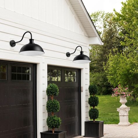 Vintage Farmhouse 1-Light Black Gooseneck Wall Sconce with Bowl Metal Shade - Bed Bath & Beyond - 39034830 Goose Neck Lights Over Garage, Goose Neck Lighting Outdoor, Wall Sconces Outdoor, Exterior Backyard, Exterior Refresh, Sconces Outdoor, Black Garage Doors, Gooseneck Lighting, Barn Light Fixtures