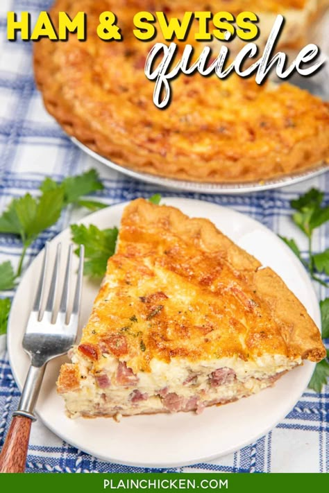 Easy Ham and Cheese Quiche Recipe - great for breakfast, brunch, lunch, and dinner. Super simple to make and tastes great! Ham, swiss cheese, eggs, heavy cream, onion, garlic, and pie crust. You can make the quiche ahead of time and refrigerate and freeze for later. You may want to double the recipe – this never lasts long at our house! Swiss Cheese Quiche, Recipes Using Ham, Basic Quiche Recipe, Breakfast Quiche Recipes Easy, Plain Chicken Recipe, Cheese Quiche Recipe, Ham And Cheese Quiche, Ham And Swiss, Breakfast Quiche Recipes