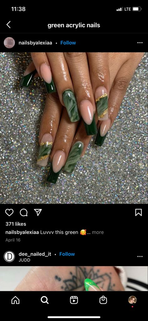 Green Nails Acrylic, Champagne Nails, Quinceanera Nails, Jade Nails, Emerald Nails, Gold Acrylic Nails, Dark Green Nails, Green Acrylic Nails, Gold Nail Designs