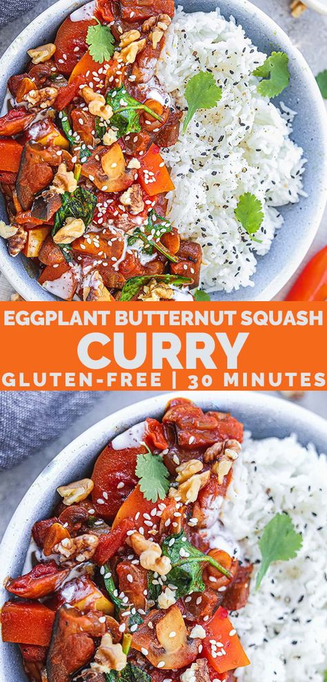 Squash Curry, Butternut Squash Curry, Vegan Butternut Squash, Vegan Curry Recipes, Vegan Eggplant, Eggplant Curry, Comforting Dinner, Butternut Squash Recipes, Vegan Comfort Food