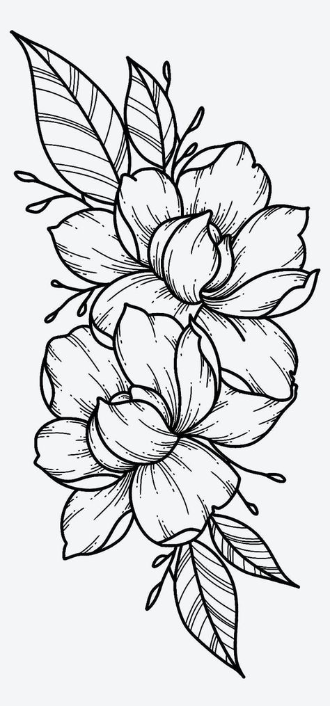 Hur Man Ritar Blommor, Drawing Of Flowers, Magnolia Tattoo, Kunst Tattoos, Pola Sulam, Coloring Book Art, Tattoo Design Drawings, Creative Tattoos, Tattoo Stencils