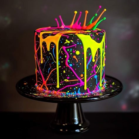 Splatter Cake Ideas, Tie Dye Cake Frosting, Glow In The Dark Cake Ideas, Neon Cake Ideas, Neon Party Cake, 11 Birthday Cake, Glow Party Cake, Neon Party Ideas, Neon Birthday Cakes