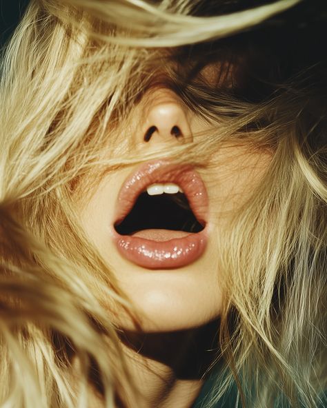 Close-up of a blonde woman's face, mouth open and eyes closed, with messy hair covering her eyes. This photo was taken by David LaChapelle for Vogue magazine in the style of social media portraiture, featuring flash photography, soft lighting, grainy film, high contrast, and natural skin tones. - Vave BG Open Flash Photography, Flash Portrait Photography, Grainy Photography, Hair Covering, Close Up Portrait, David Lachapelle, Natural Skin Tone, Close Up Portraits, Hair Cover