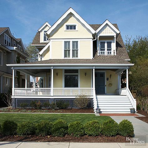 Farmhouse + Victorian Victorian Style House, Victorian Style Homes, Farmhouse Landscaping, Yellow House, Roof Colors, Yellow Houses, Have Inspiration, Exterior Cladding, Exterior Paint Colors