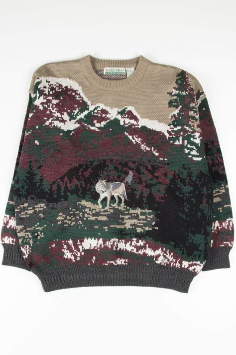 Fun Sweaters Aesthetic, Grandpacore Sweater, Nature Sweater, Goblincore Sweater, Goblincore Sweater Aesthetic, Forest Sweater, Mountain Sweater, Wolf Sweater, Vintage Animal Sweater