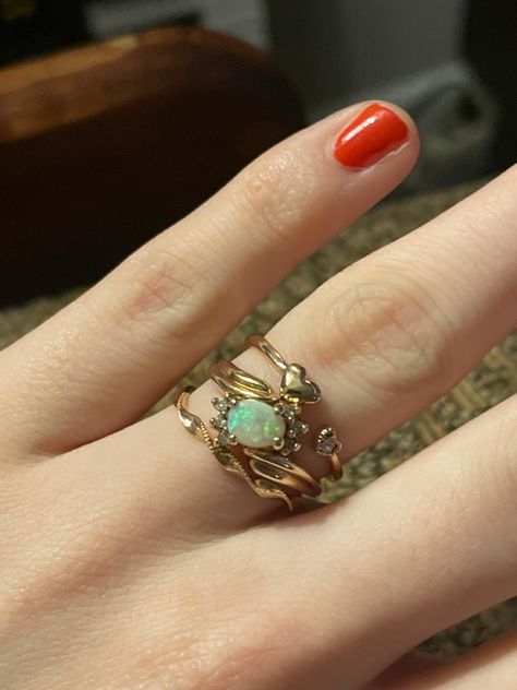 This ring was purchased on Etsy, it was made circa 1960. Opal and 6 small diamonds in yellow gold. The smaller rings were a gift from my mother. Tags- wedding ring, promise ring, engagement ring, alternative engagement ring, bride, bridal, groom, newlywed, fiance, jewelry, vintage ring, vintage jewelry, retro jewelry, opal, gemstone, diamond Fiancé Ring, Engagement Ring Alternative, Fiance Ring, Ring Bride, Alternative Engagement Ring, Jewelry Opal, Vintage Aesthetics, Retro Jewelry, Alternative Engagement Rings