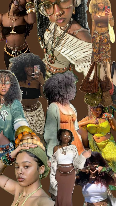 #boho #blackwomen #jewlery #style Spiritual Outfit Boho Style, Bohemian Aesthetic Fashion, Spiritual Aesthetic Fashion, Bohemian Fits, Hippie Girl Outfits, Afro Boho Fashion, Earthy Aesthetic Outfits, Earthy Aesthetic Fashion, Earthy Core