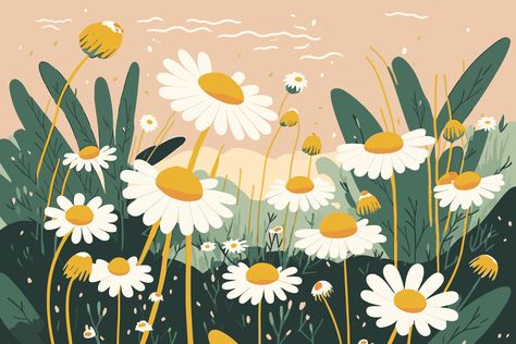 Nature Background Illustration, Field Illustration, Nature Background, Dandelion Flower, Garage Art, Chamomile Flowers, Background Illustration, Nature Backgrounds, Flowers Nature