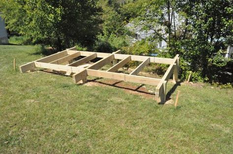 Shed foundation Shed Platform, Post And Beam Shed, Shed Foundation, Concrete Sheds, Shed Plans 12x16, Wooden Shed, Sloped Yard, Shed Base, Large Sheds