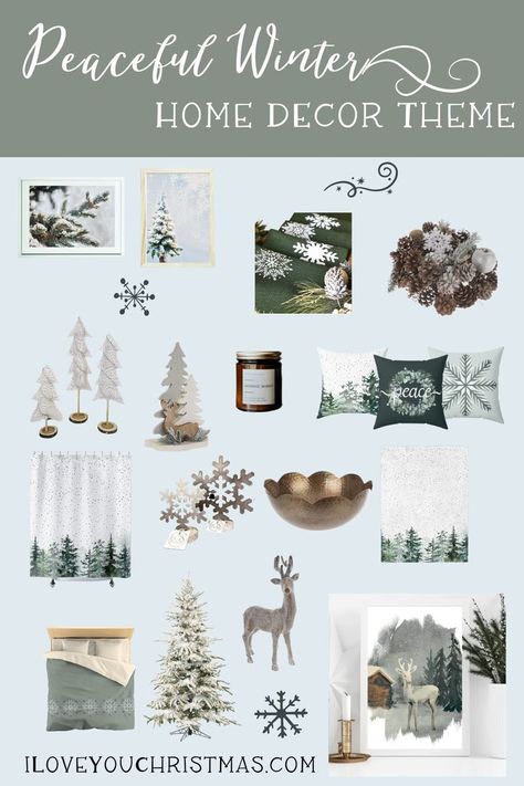 A collection of winter decor items that will create a peaceful, calm, neutral winter space. Evergreen, snowflakes, pinecones warm woods and cool metals. Snowflake Bathroom Decor, Winter Wonderland Bedroom Ideas, Winter Themed Room, Winter Themed Bedroom, Winter Room Design, Winter Bedroom Ideas, White Winter Decor, Fall Room Decor Ideas, Neutral Winter Decor