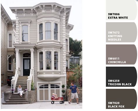 row home exterior paint - I sort of like the styling of the bay windows. Would it work on something other than a row house? Row Home Exterior, Sw Knitting Needles, Best House Exterior, Home Exterior Paint, Row Home, House Exterior Paint, House Paint Interior, Kitchen Wall Colors, Exterior Paint Color