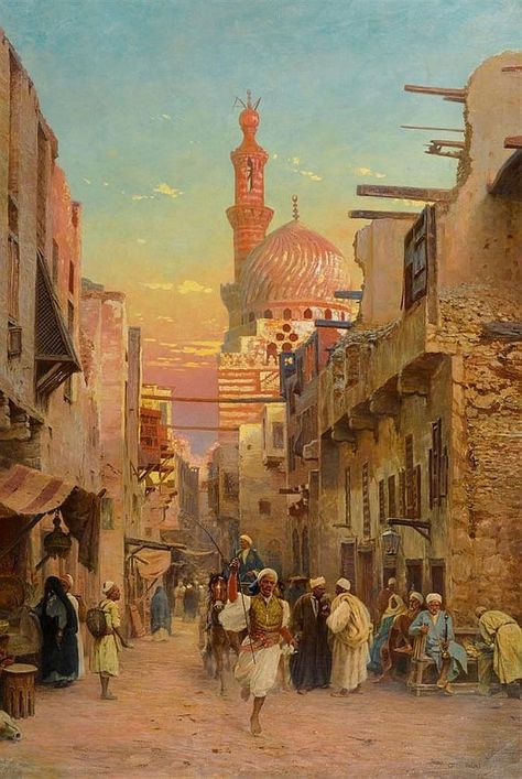 Street Scene in Cairo by Otto Pilny, 1903 Otto Pilny, Arabian Art, Old Egypt, Islamic Paintings, Arabic Art, Cairo Egypt, Arabian Nights, Egyptian Art, Islamic Architecture