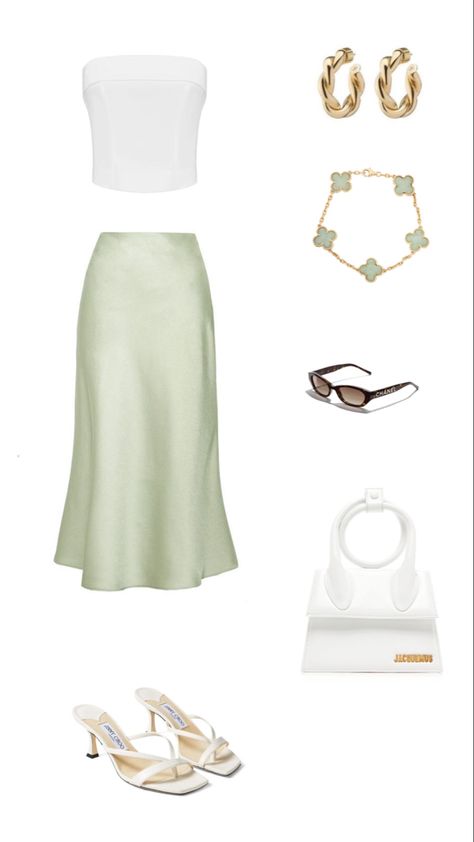 Honeymoon Outfits Aesthetic, Silk Skirt Beach Outfit, Dinner By The Beach Outfit, Dinner After Beach Outfit, Italy Dinner Outfit, Beach Vacation Dinner Outfit, Dinner Beach Outfit, Green Silk Skirt Outfit, Beach Dinner Outfit