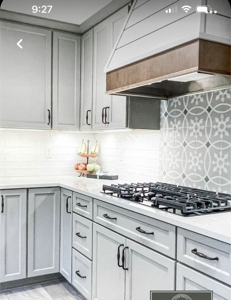 Pattern Tile Behind Stove, Subway Tile With Accent Over Stove, Accent Tile Under Range Hood, Kitchen Backsplash Stove Accent, Range Backsplash Accent, Accent Tile Over Range, Backsplash Designs Above Stove, White Subway Tile Kitchen Backsplash With Mosaic Accent, Tile Backsplash Behind Stove Only