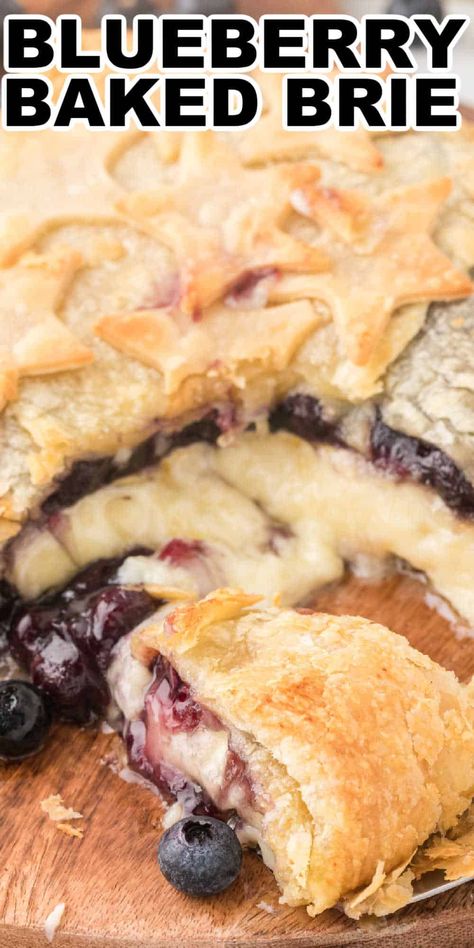 This Blueberry Baked Brie recipe is the perfect easy appetizer for your next party! Brie cheese is wrapped in puff pastry and baked until golden brown. Your guests will love this elegant and delicious dish! This puff pastry baked brie with blueberries is a savory sweet spread that is so simple to make you will be adding it to every party menu. Blueberry Brie Puff Pastry, Baked Brie With Blueberries, Brea Cheese Puff Pastry, Brie Recipes Puff Pastry, Brie Cheese Recipes Puff Pastries, Baked Brie Recipes Puff Pastry, Blueberry Recipes No Bake, Blueberry Baked Brie, Pastry Baked Brie