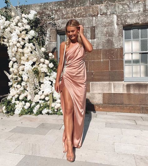 Stretch Satin Fabric, Cheap Prom Dresses Long, Blush Dresses, Wedding Guest Outfit Summer, Floor Length Gown, Stretch Satin, Thigh High, Wedding Guest Outfit, Prom Dresses Long