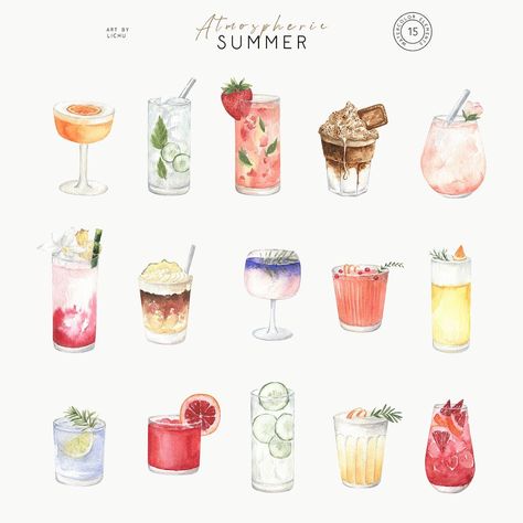 Cocktail Clipart Summer Bar Illustration Juicy png Watercolor Drinks Cocktails, Summer Martinis, Vodka Cran, Menu Logo, Cocktails Drawing, Basil Cocktail, Cocktails Clipart, Cocktail Images, Strawberry Watercolor