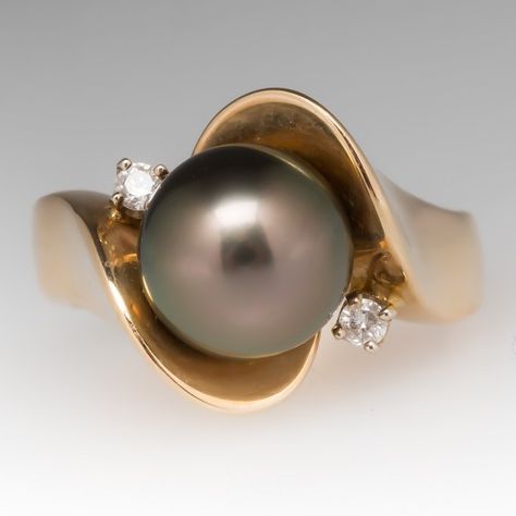 Estate 9.5mm Tahitian Pearl & Diamond Ring 14K Gold Womens Rings Unique, Pearl Jewelry Ring, Tahitian Pearl Ring, Black Pearl Ring, Pearl Diamond Ring, Pearl Rings, Pearl And Diamond Ring, Bridal Fashion Jewelry, Sapphire Engagement Ring Blue