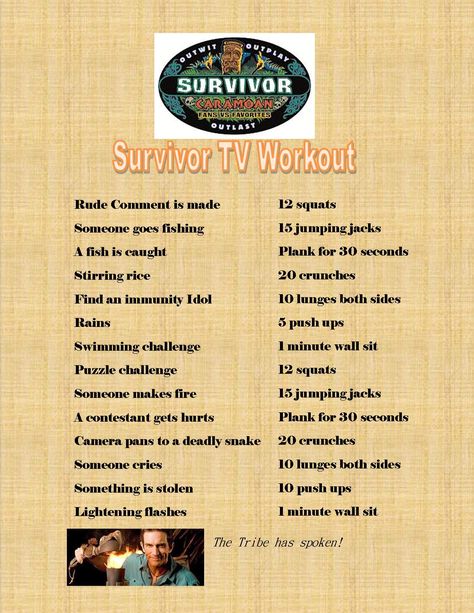 I have made a fun tv workout program to do while I watch Survivor.  Starts Wednesday!!! Body Pump Workout, Tv Workout, Tv Show Workouts, Survivor Tv Show, Movie Workouts, Survivor Show, Survivor Tv, Tv Workouts, Hiking Workout