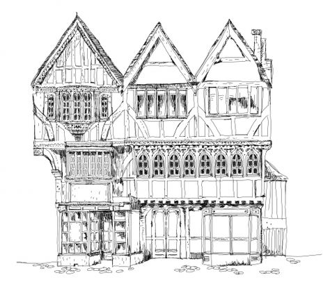 Do you like this amazing medieval Tudor house coloring page? Why don't you download it, print it and start coloring it? Tudor House Drawing, Downloadable Coloring Pages, Tudor Houses, Building Drawings, Tudor Architecture, Great Fire Of London, House Cartoon, Gothic Buildings, Building Sketch