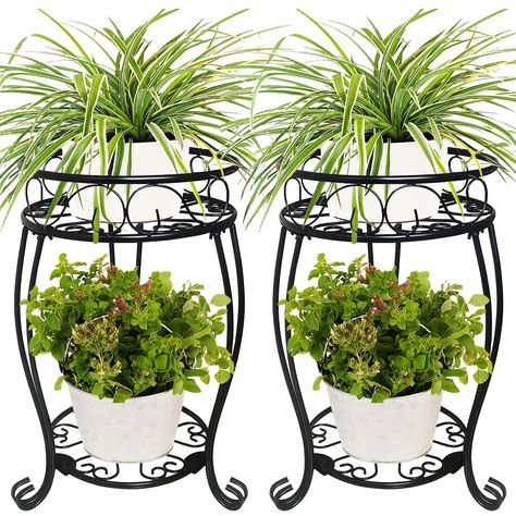 PRICES MAY VARY. 【Product Size】 Height is 19.2 inch,top diameter is 11.9 inch, bottom diameter is 10.1 inch, net weight is 3.58 lbs. 【Durable And Sturdy】This plant stand is made of all metal with black coating on the surface to resists corrosion.There are 3 strong double legs equivalent to 6 support points for increasing the stability of metal frame support,which is great for heavy plants pots or other planter. 【Easy To Assemble】 Instructions and installation tools are included in the package, y Tiered Plant Stand Indoor, Corner Living Room, Planter Shelf, Wrought Iron Plant Stands, Tall Plant Stands, Plants Pots, Small Front Yard Landscaping, Plant Stands Outdoor, Small Front Yard