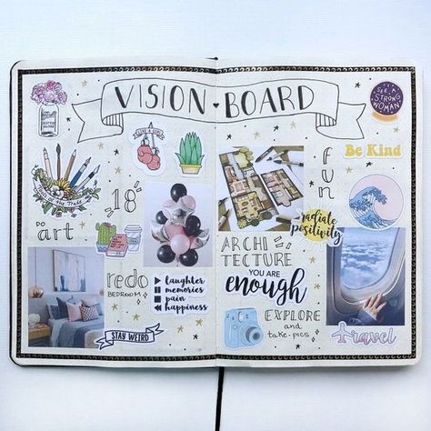 Vision Board Ideas Notebook, Vision Board Design Creative, Vision Board Ideas Journals, Doodle Vision Board, Visual Vision Board, Dream Boards Ideas Layout, Vision Board In Journal, Art Vision Board Ideas, Vision Board Art Project