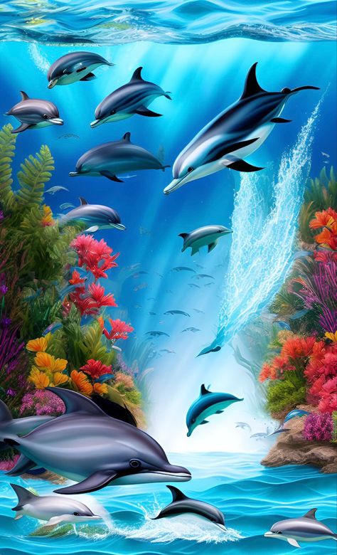 Classic Anime Style, Under The Sea Drawings, Ocean Creatures Art, Dolphin Images, Calming Pictures, Sea Pictures, Artsy Background, Dolphin Art, Sea Life Art