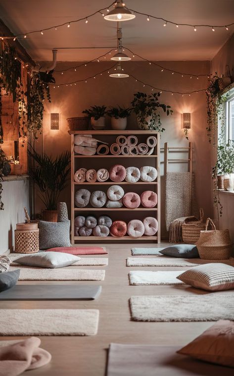 A hygge-inspired yoga studio with warm, organized mat storage and equipment. Gear Room, Yoga Mat Storage, Gear Storage, Cozy Hygge, Zen Room, Storage Tips, Yoga Gear, Yoga Studio, Zen