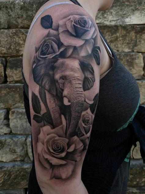 elephant | Done at Faces In The Dark Tattoo | Feb 24th 2021 | 1530980 Half Sleeve Tattoos For Women Upper Arm Elephant, Sleeve Tattoos For Women Elephant, Elephant Tattoo Sleeve Women, Elephant And Flowers Tattoo Design, Elephant And Rose Tattoo, Elephant Thigh Tattoos Women, Elephant Tattoos Black Women, Elephant Tattoos Forearm, Elephant With Flowers Tattoo